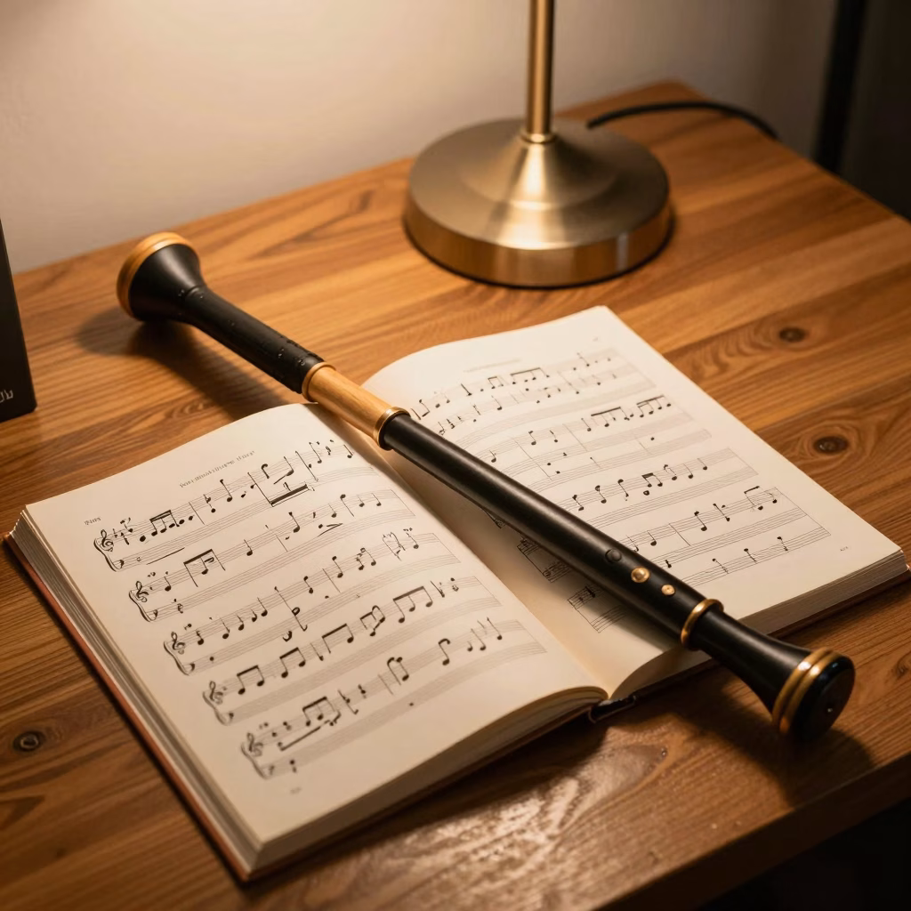 Practice chanter posé sur une partition de cornemuse