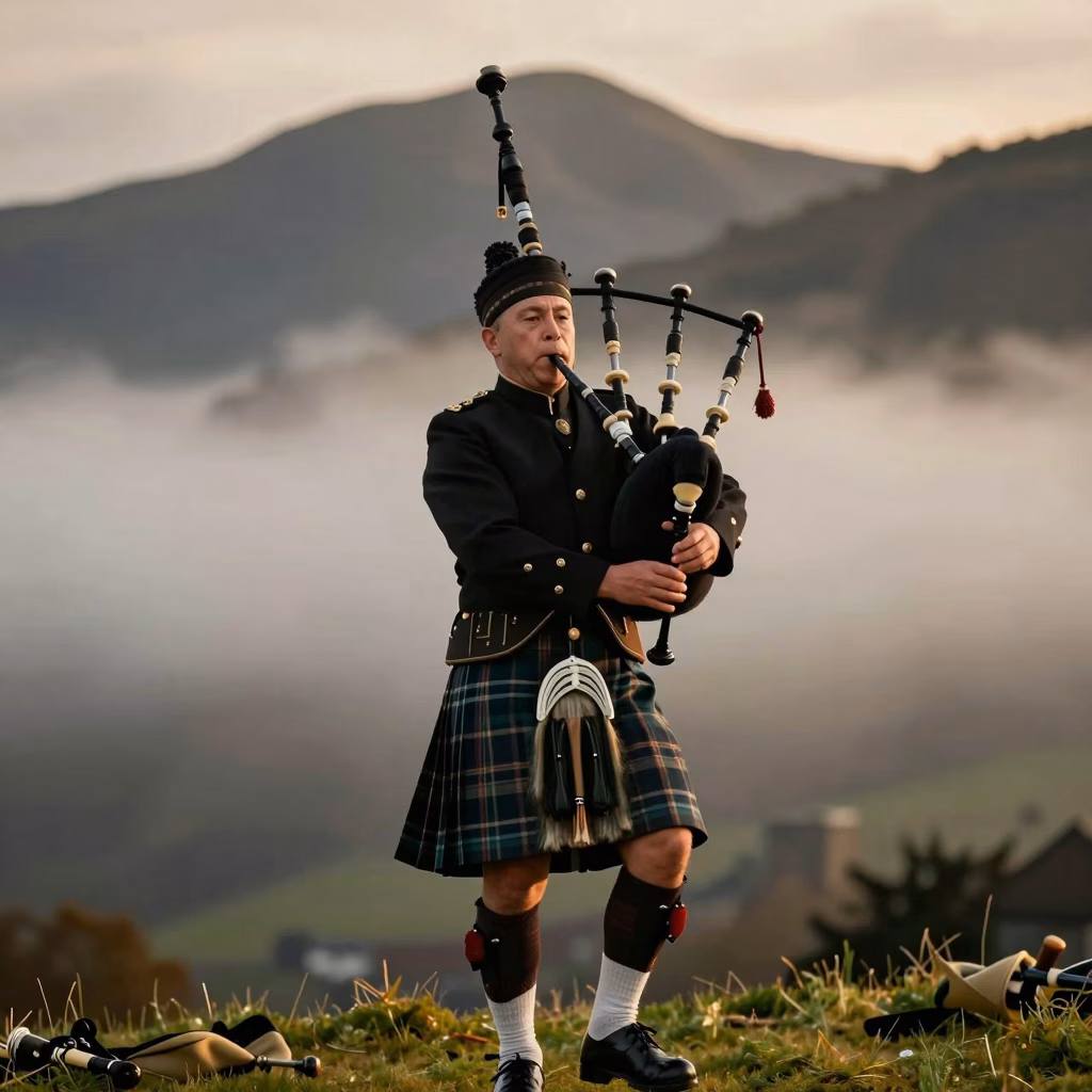 Joueur de cornemuse en kilt écossais lors d'une compétition de pipe band