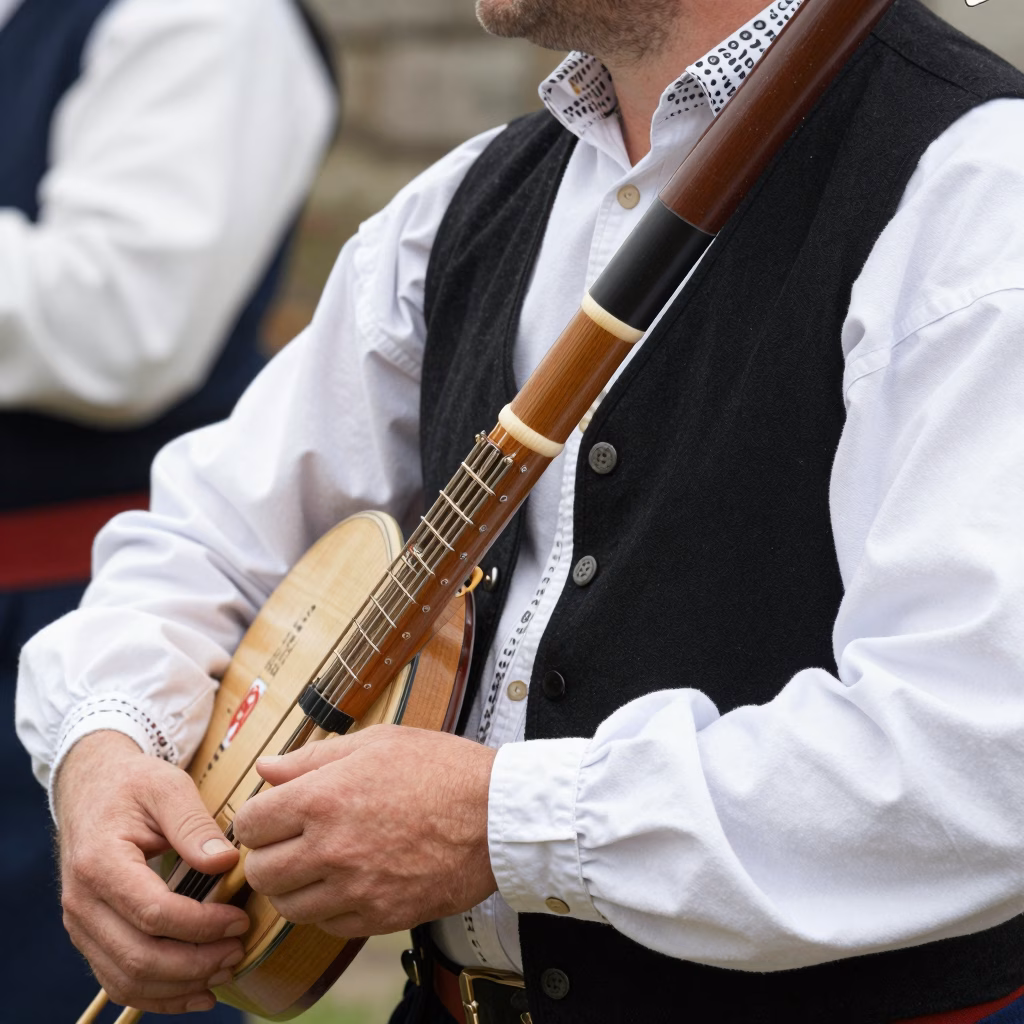Joueur de biniou kozh en costume traditionnel breton lors d'un fest-noz en plein air