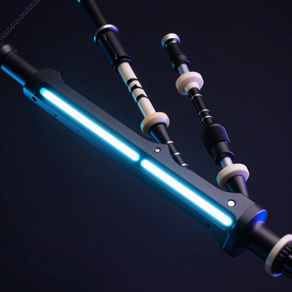 Cornemuse electronique avec lumieres LED et modifications modernes sur fond sombre