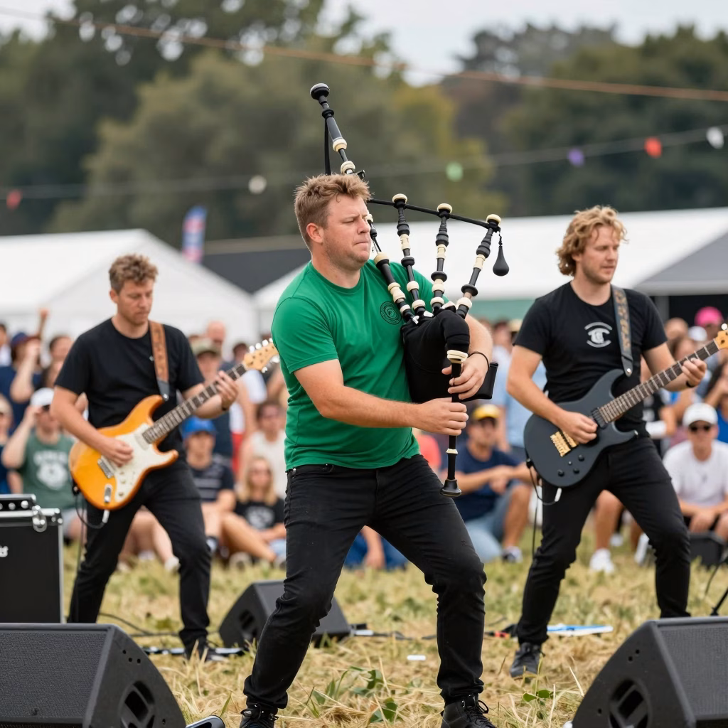 Groupe de rock celtique en concert festival avec joueur de cornemuse au centre de la scene