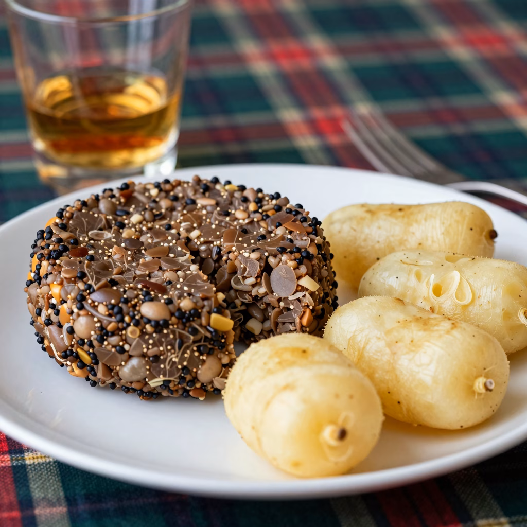 Haggis traditionnel ecossais avec neeps et tatties accompagne d'un verre de whisky sur nappe tartan