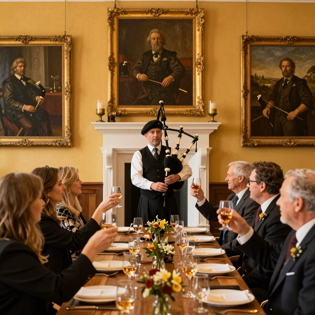 Celebration de Burns Night dans un grand hall ecossais avec invites en tenue de soiree portant un toast au whisky et cornemuseur au garde-a-vous