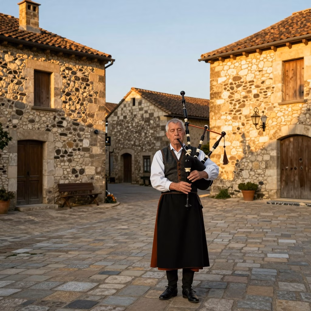 Musicien jouant de la cabrette dans un village en pierre d'Auvergne au coucher du soleil