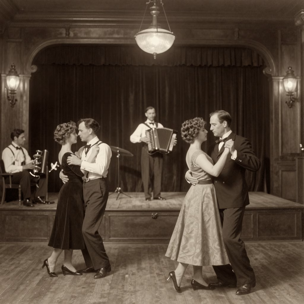 Bal musette parisien au début du XXe siècle avec musiciens jouant de la cabrette et de l'accordéon
