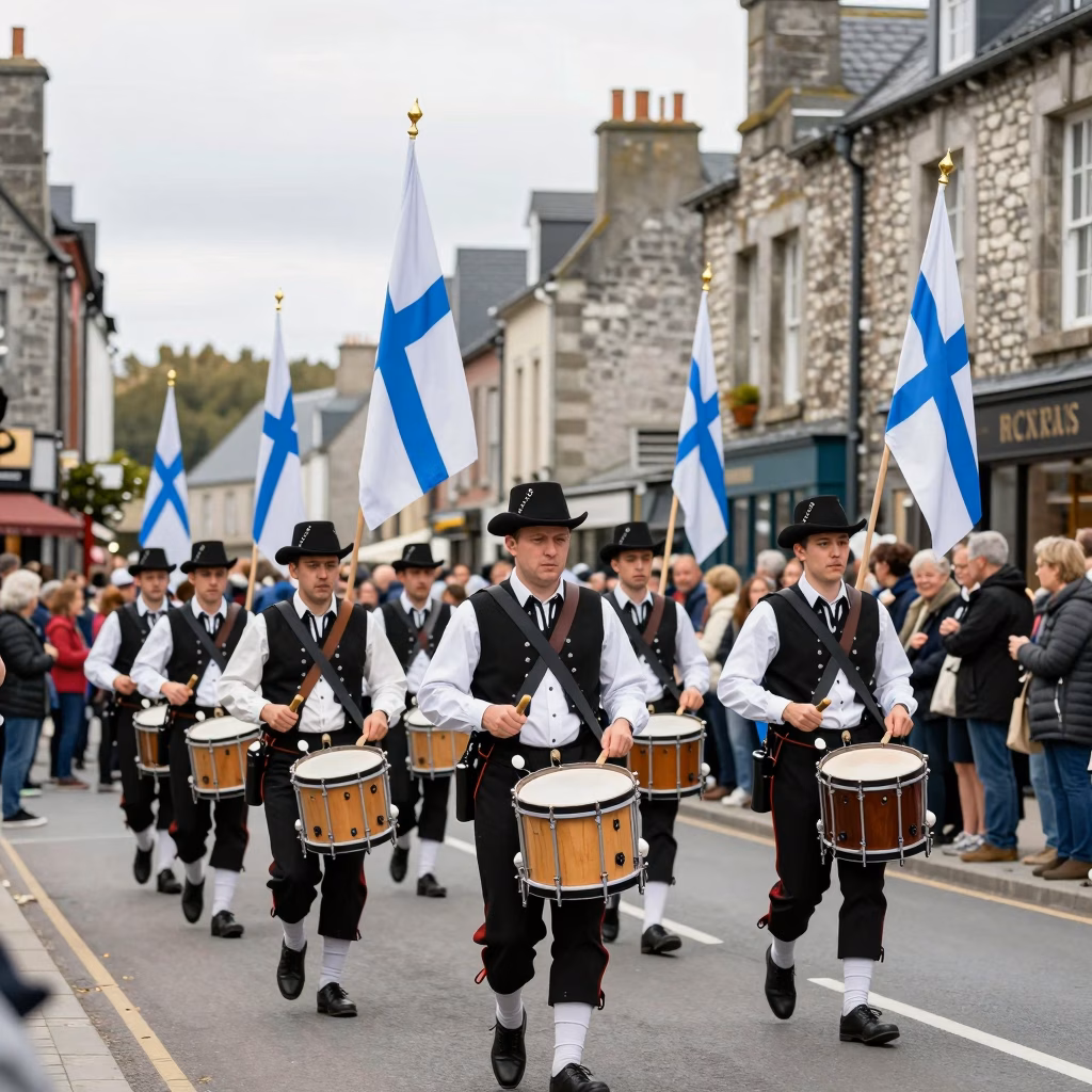 Défilé de bagad dans les rues d'une ville bretonne avec drapeaux bretons et foule enthousiaste