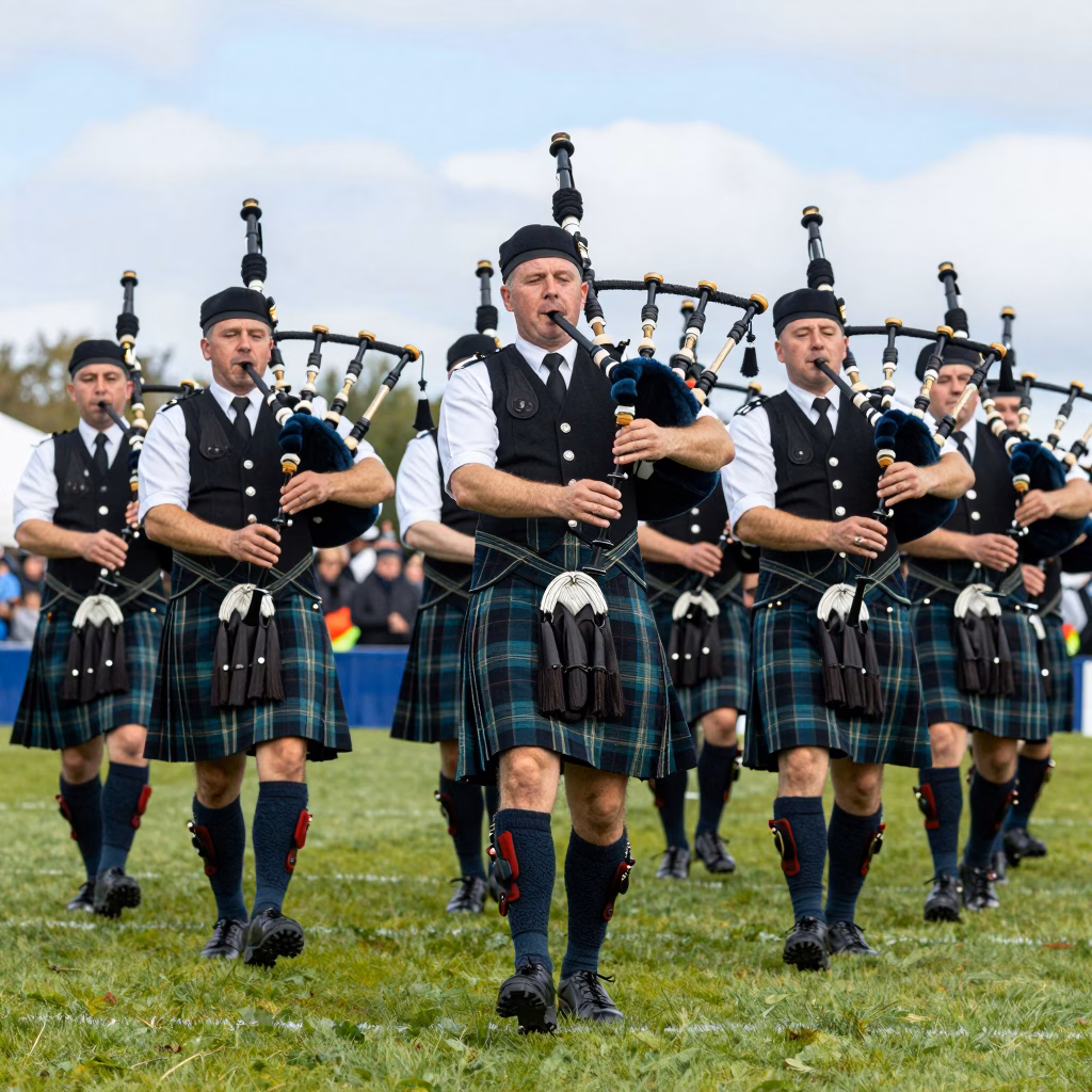 Pipe band en formation lors d'une comp&eacute;tition de cornemuse