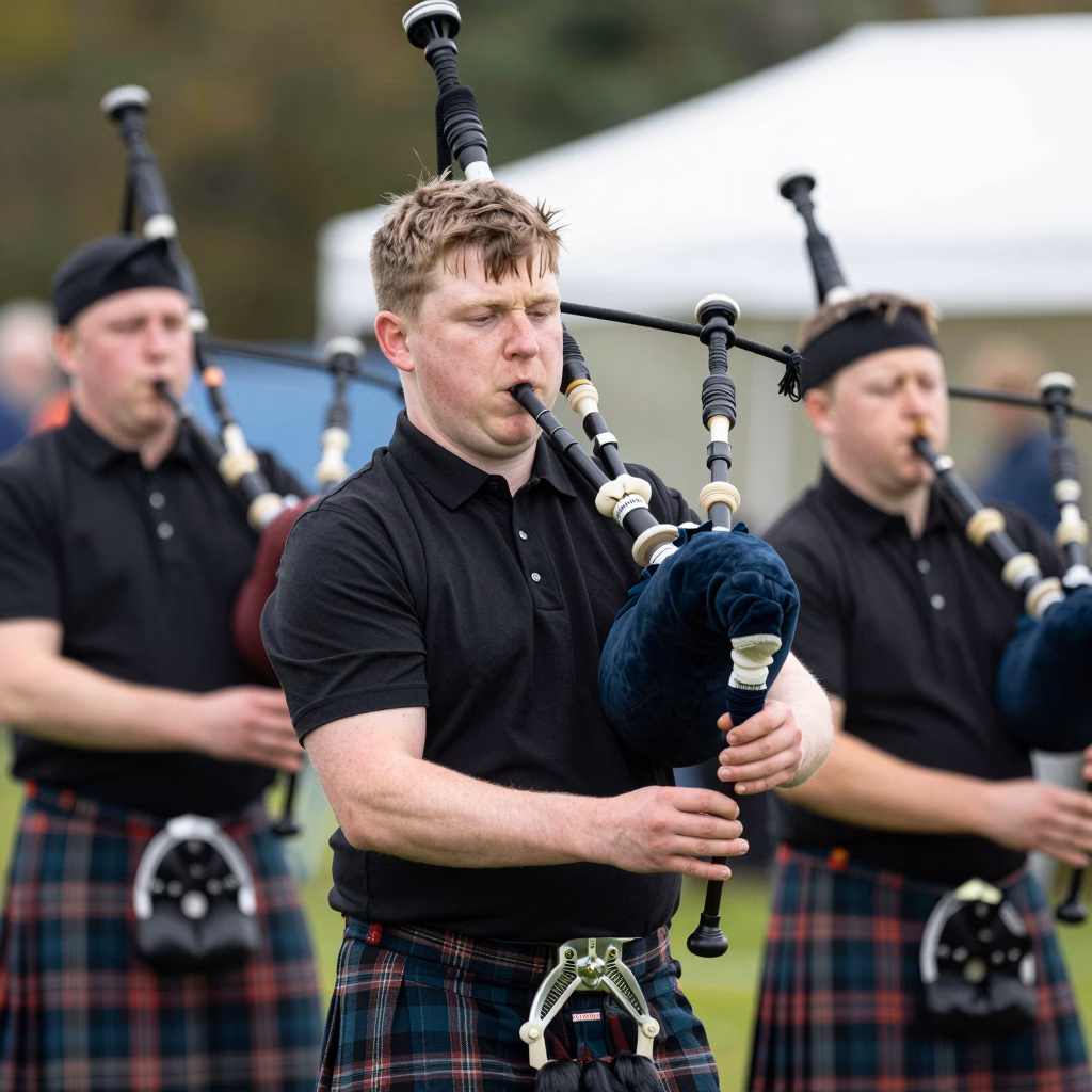 Jeune joueur de cornemuse s'échauffant avant une compétition de piping solo