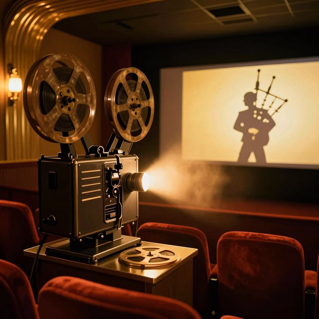 Projecteur de cinéma projetant la silhouette d'un cornemuseur