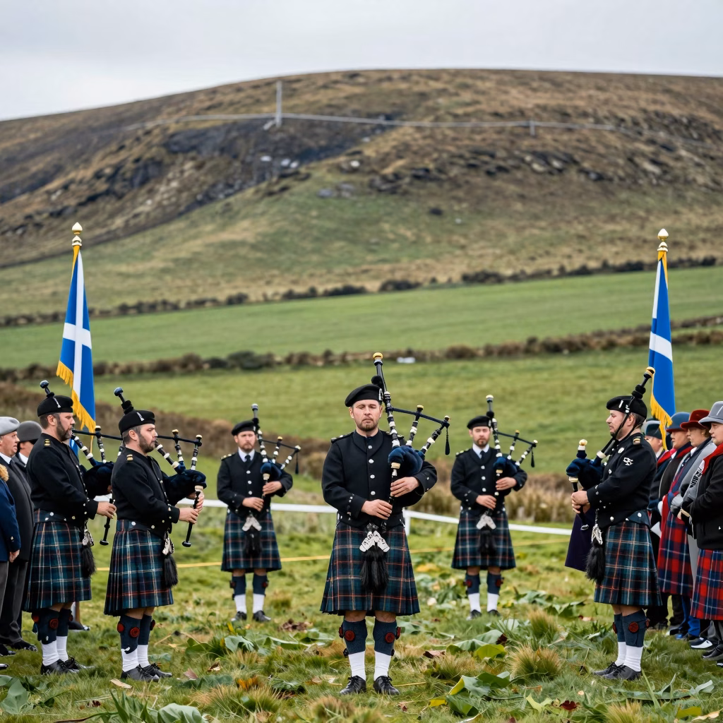 Rassemblement de clans écossais avec joueurs de cornemuse lors d'une cérémonie traditionnelle dans les Highlands