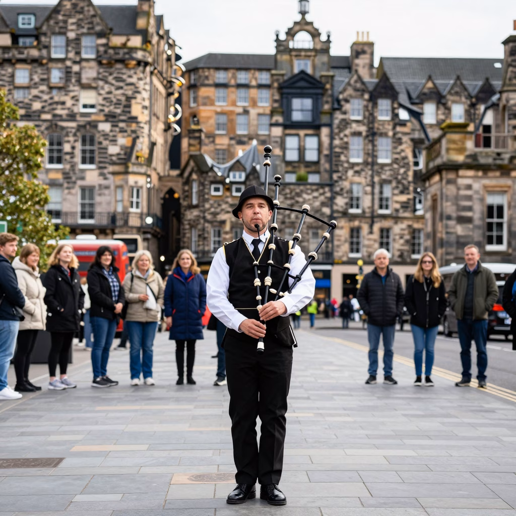 Joueur de cornemuse sur le Royal Mile à Édimbourg entouré de touristes