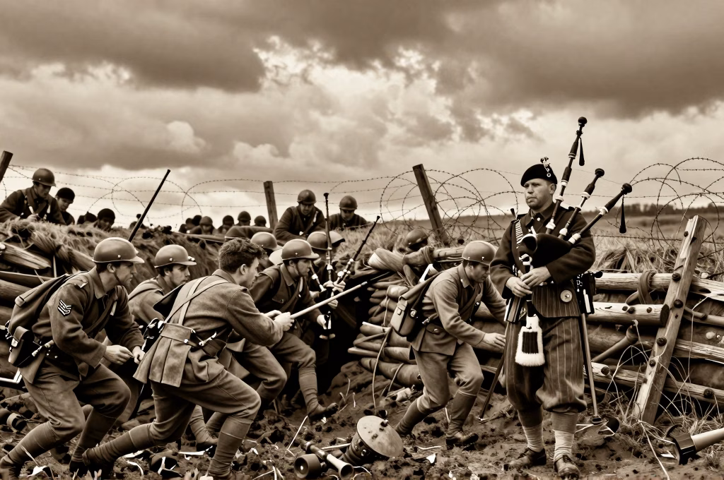 Joueur de cornemuse ecossais dans les tranchees de la Premiere Guerre mondiale