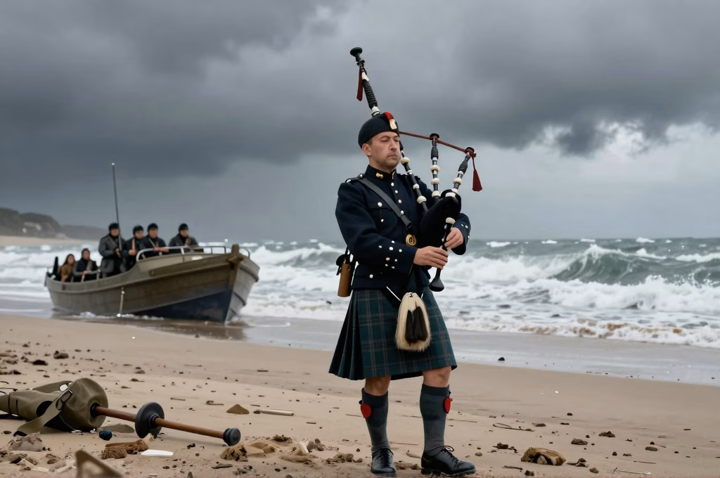 Reconstitution du debarquement de Normandie avec un joueur de cornemuse sur la plage