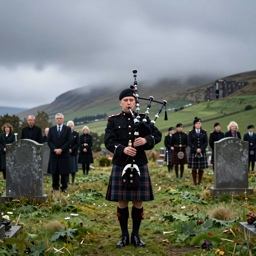 Cornemuseur solitaire en uniforme militaire jouant lors d'une cérémonie funéraire dans un paysage écossais brumeux