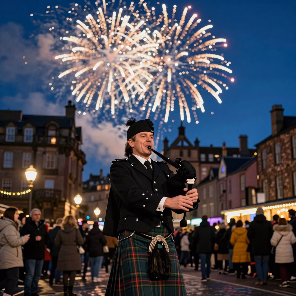 Cornemuseur jouant lors des célébrations du Hogmanay avec feux d'artifice dans un ciel nocturne