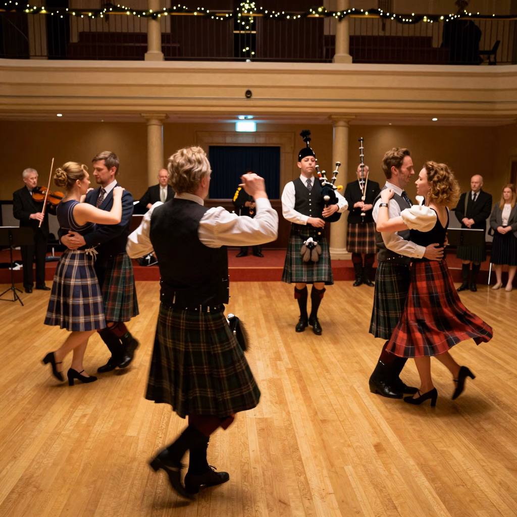 Ceilidh écossais dans une grande salle avec couples dansant et groupe de musique traditionnelle avec cornemuse et violon