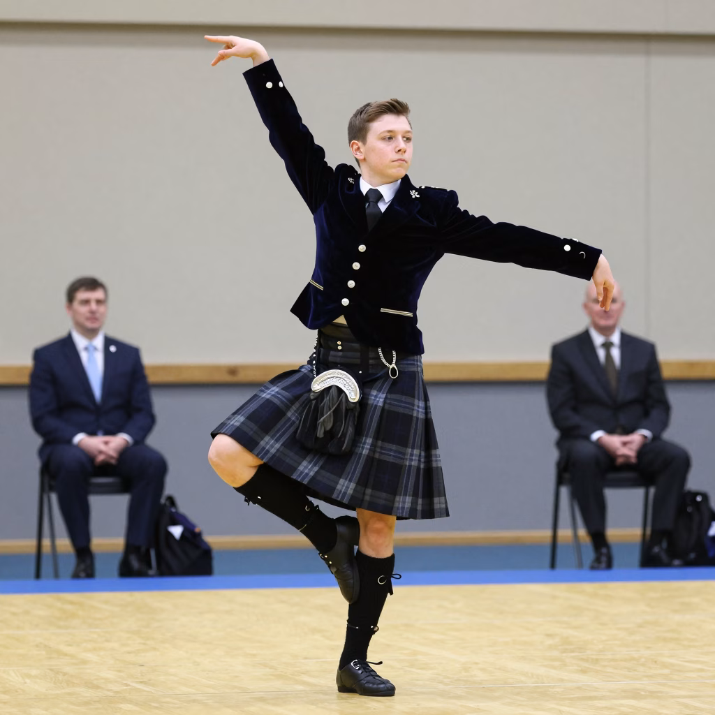 Jeune danseuse Highland exécutant un Highland Fling en compétition avec veste en velours et kilt