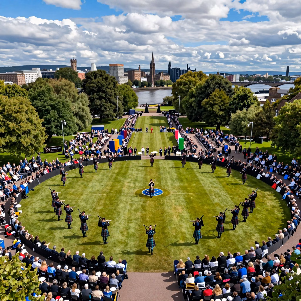 Vue aérienne des World Pipe Band Championships à Glasgow Green