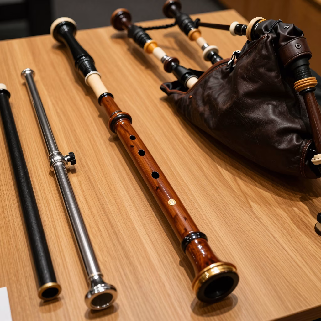 Anatomie du Great Highland Bagpipe : chanter, anches, poche et bourdons en African Blackwood