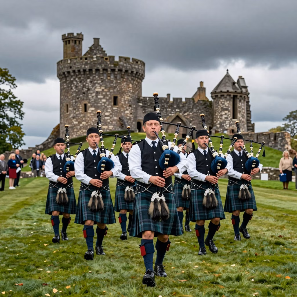 Pipe band écossais jouant du Great Highland Bagpipe en formation lors d'une compétition