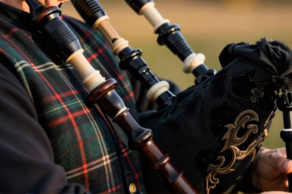 Chanter de cornemuse écossaise en bois d'ébène avec anche insérée, éclairage doré chaleureux