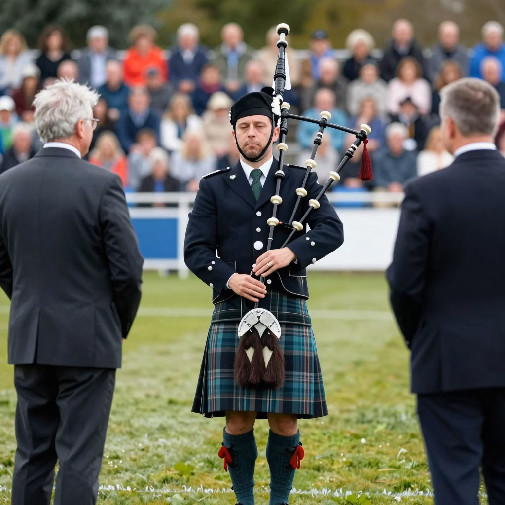 Joueur de cornemuse en competition solo de piping aux Highland Games