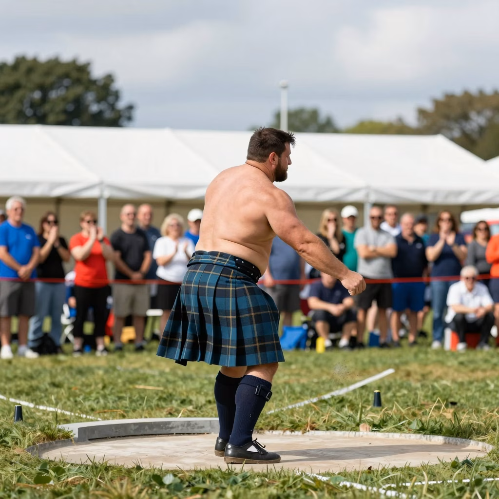 Epreuve de stone put aux Highland Games avec athlete en kilt