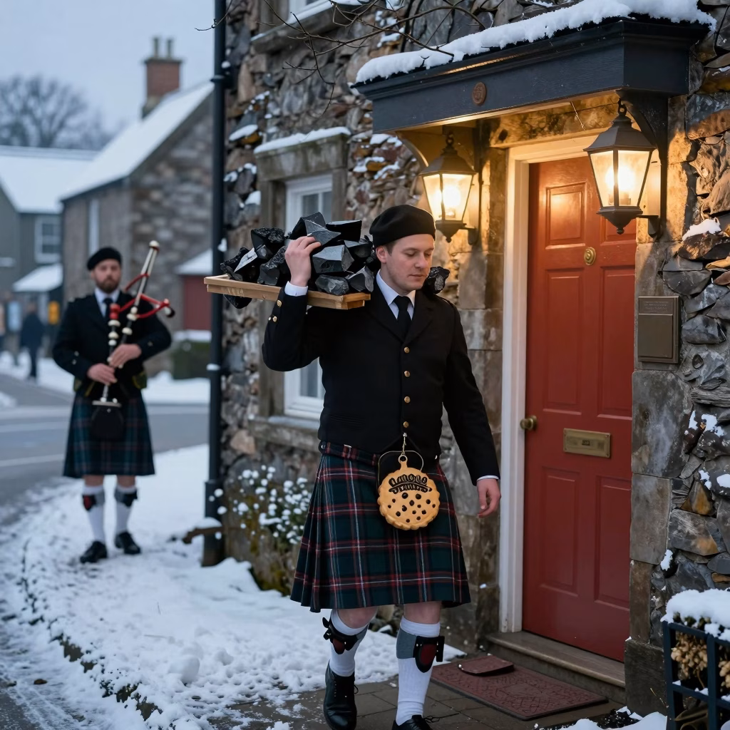 Scene traditionnelle de first-footing en Ecosse avec un homme portant du charbon et du shortbread devant une porte