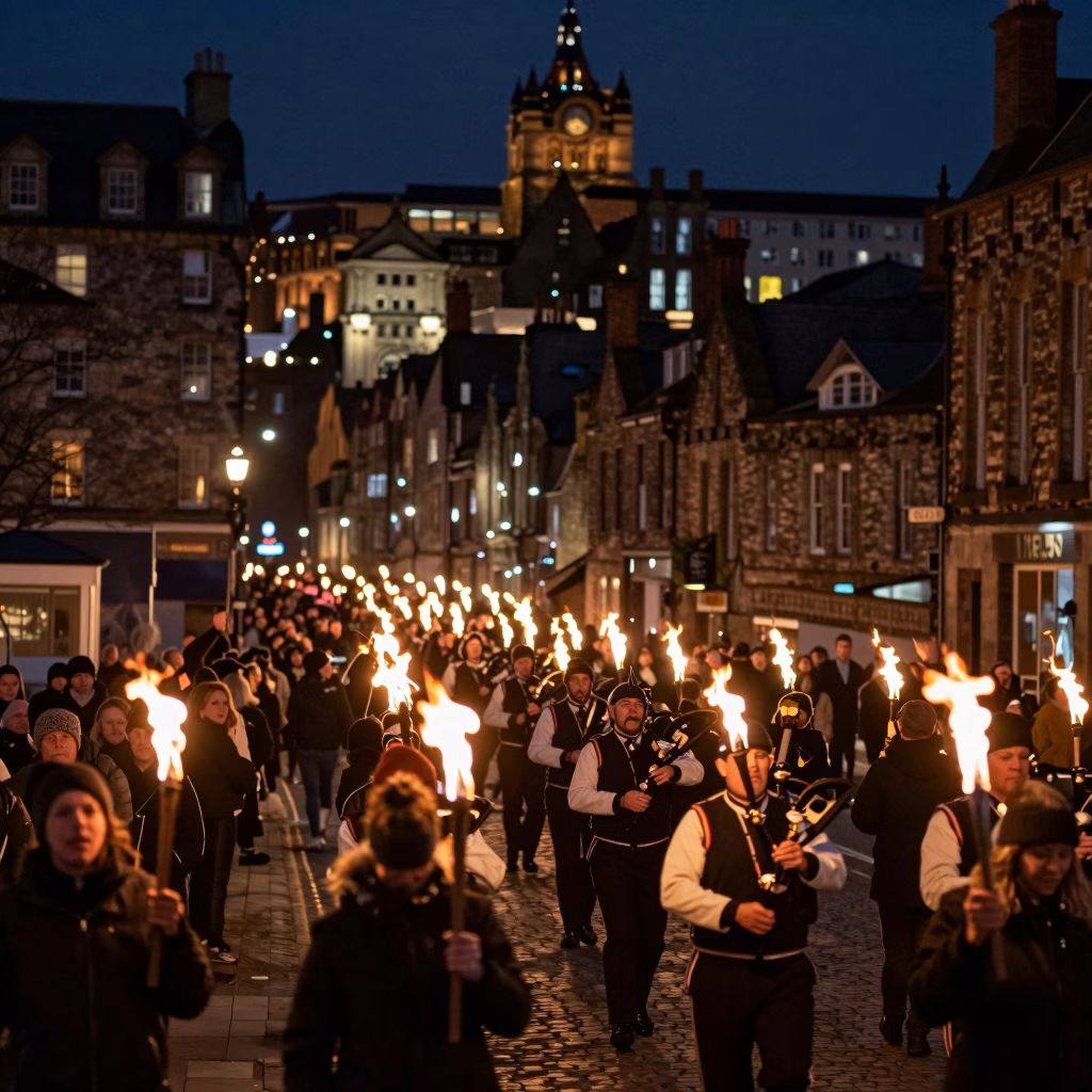 Procession aux flambeaux dans les rues d'Edimbourg lors de Hogmanay avec un pipe band en tete