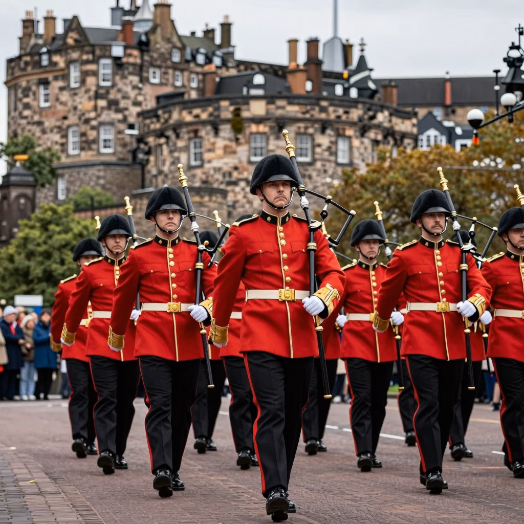Groupe de pipers militaires defilant en parade pres du chateau d'Edimbourg