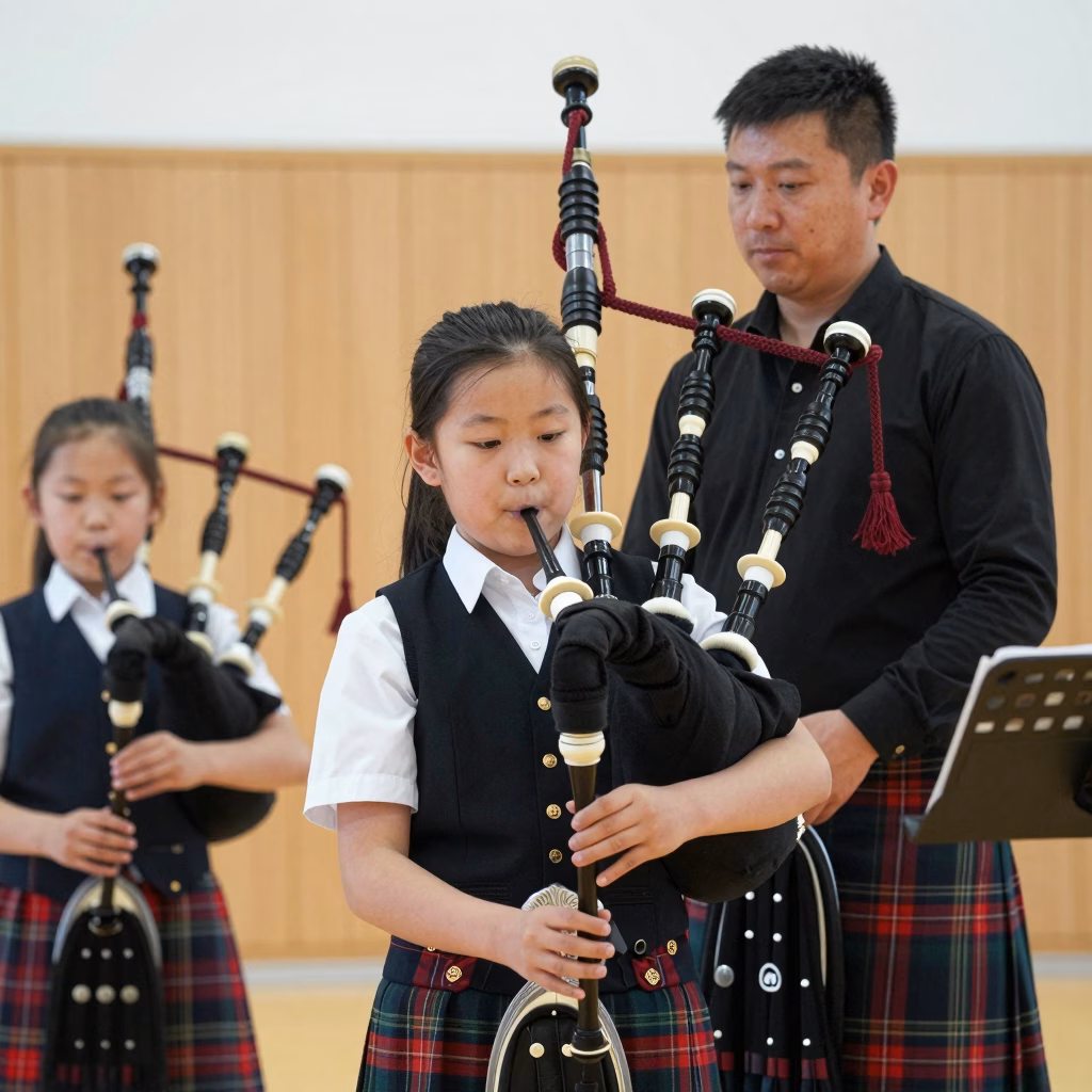 Eleve apprenant a jouer du practice chanter avec son instructeur dans une ecole de cornemuse