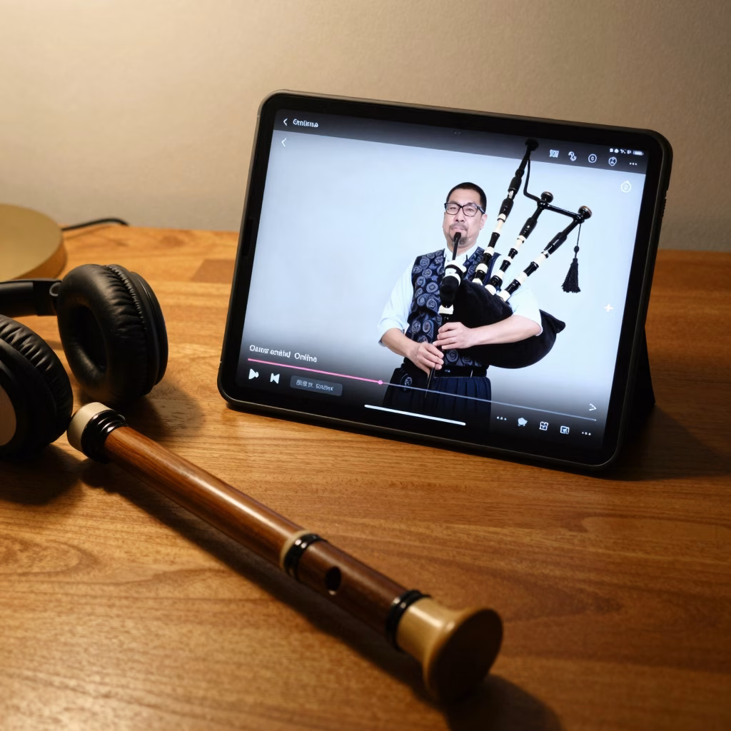 Tablette affichant une application de cours de cornemuse en ligne