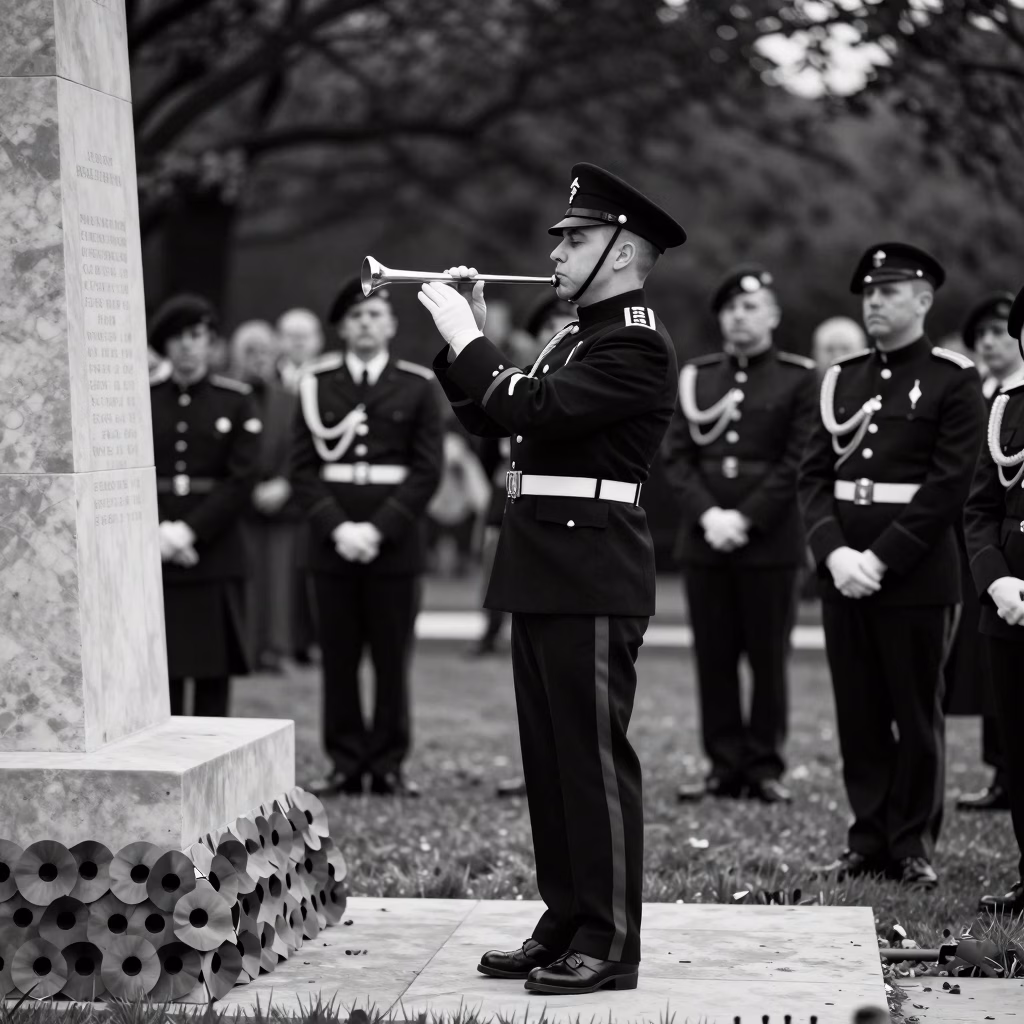 Cornemusier militaire jouant lors d'une cérémonie commémorative avec des coquelicots