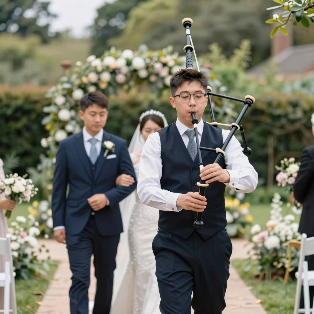 Cornemusier jouant lors d'un mariage en plein air avec les mariés