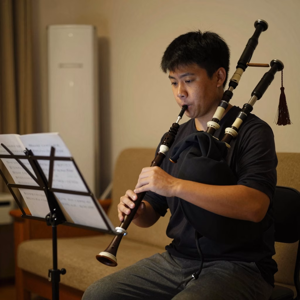 &Eacute;l&egrave;ve pratiquant le practice chanter chez lui avec un pupitre et des partitions