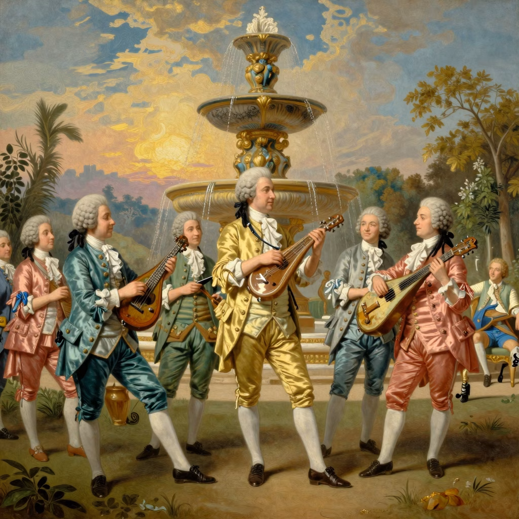 Aristocrates jouant de la musette de cour dans les jardins de Versailles, scène pastorale dans le style de Watteau