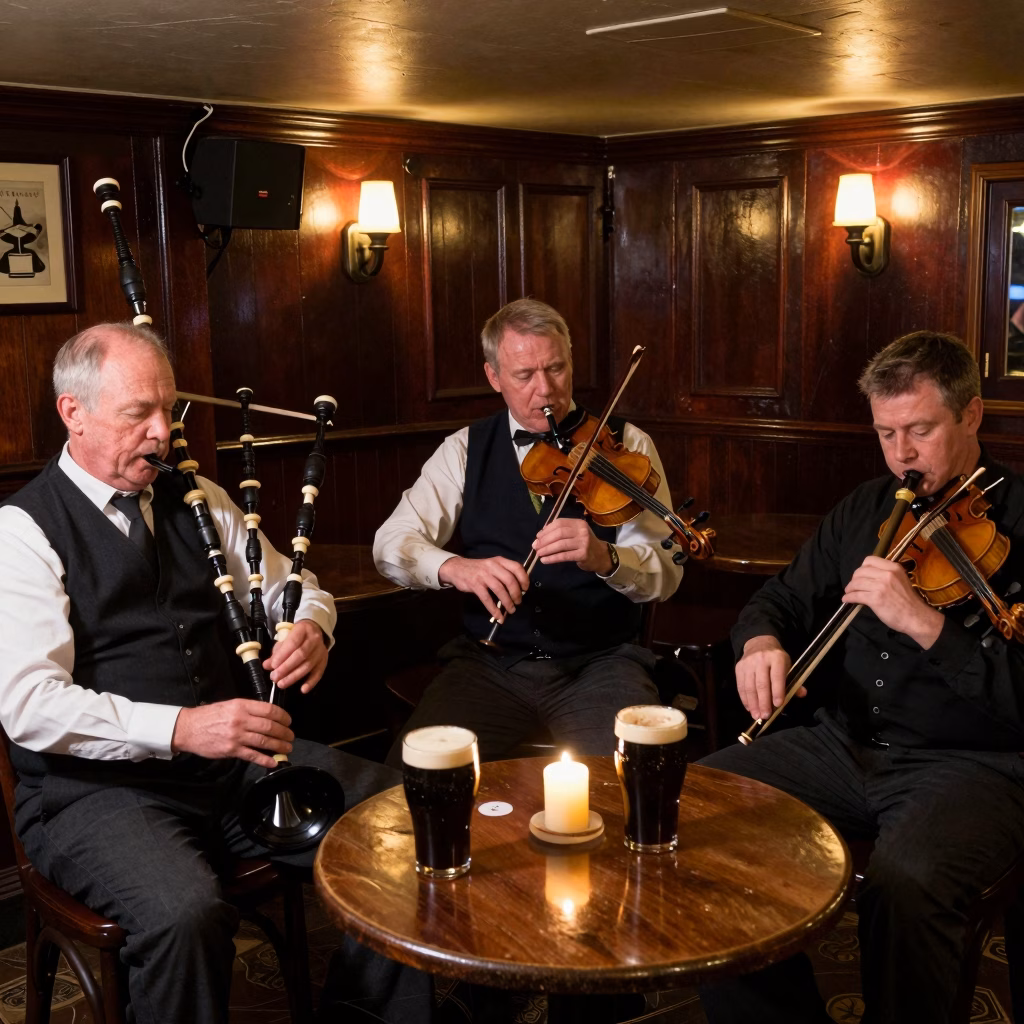 Session de musique celtique traditionnelle dans un pub irlandais avec uilleann pipes et fiddle