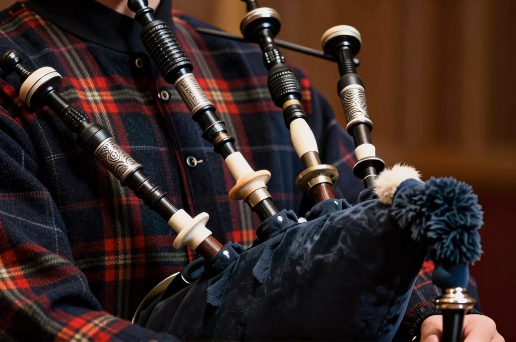 Cornemuse écossaise traditionnelle posée sur un tissu tartan avec chanter et bourdons en détail