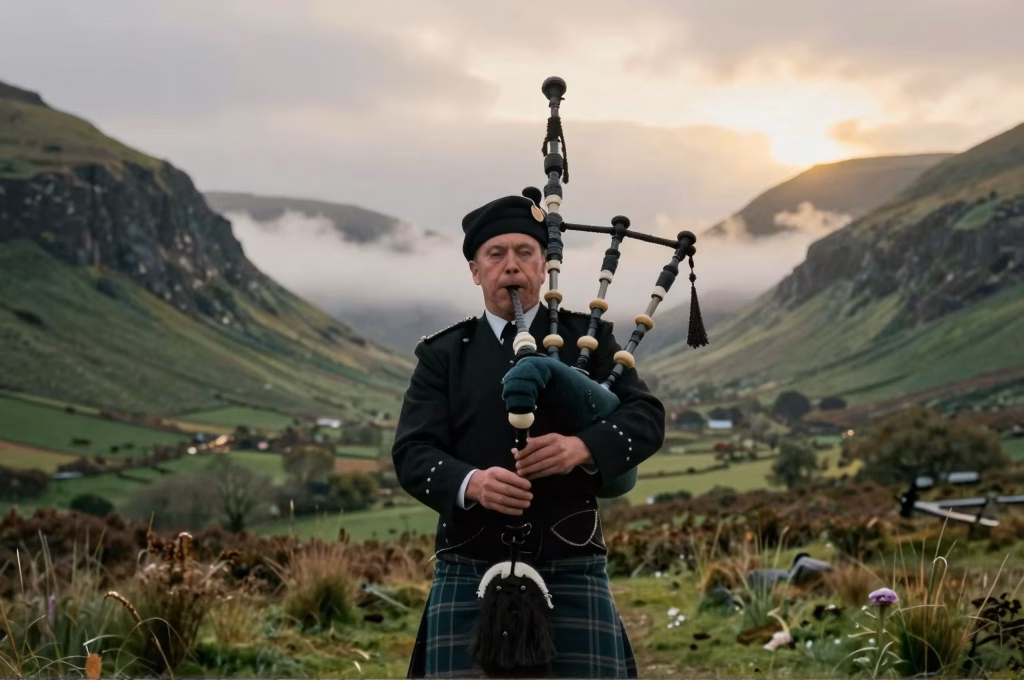 Joueur de cornemuse écossaise dans une vallée brumeuse des Highlands au coucher du soleil