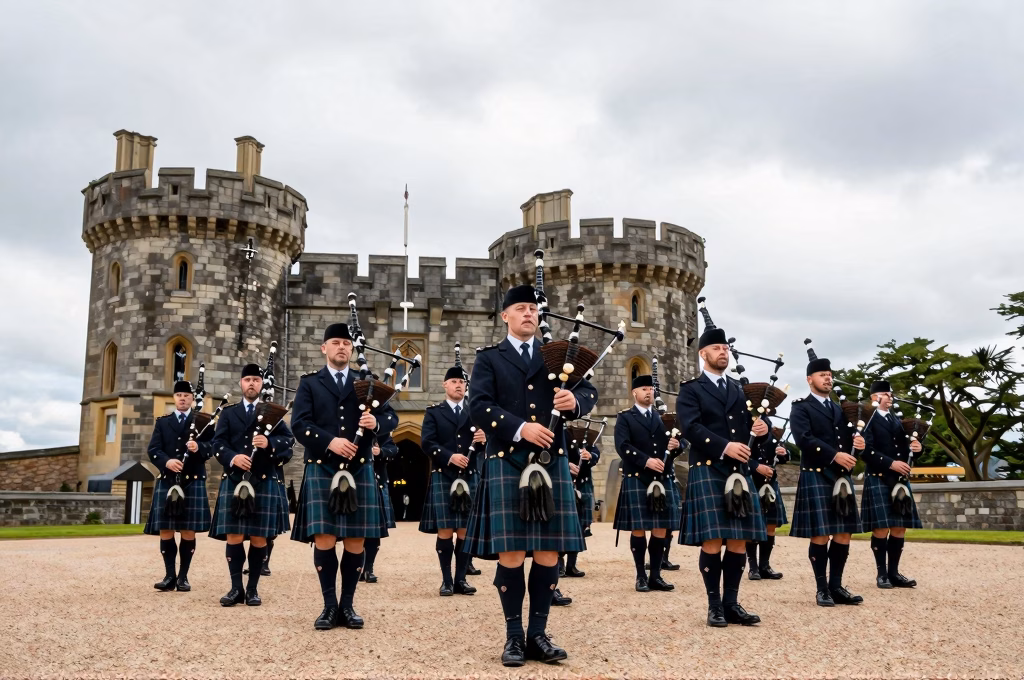 Pipe band en formation dans la cour d'un château écossais, cornemuseurs en kilt et tenue officielle