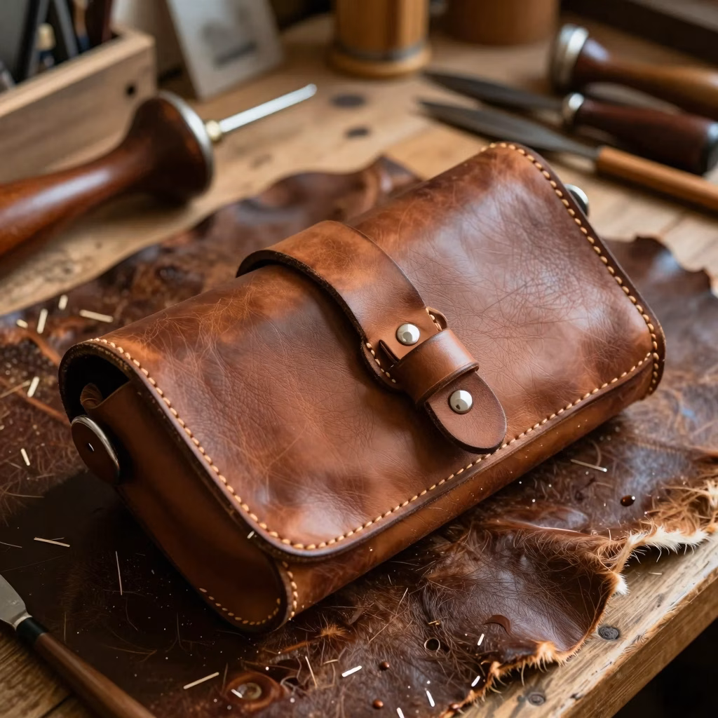 Artisan cousant une poche de cornemuse en cuir traditionnelle dans un atelier