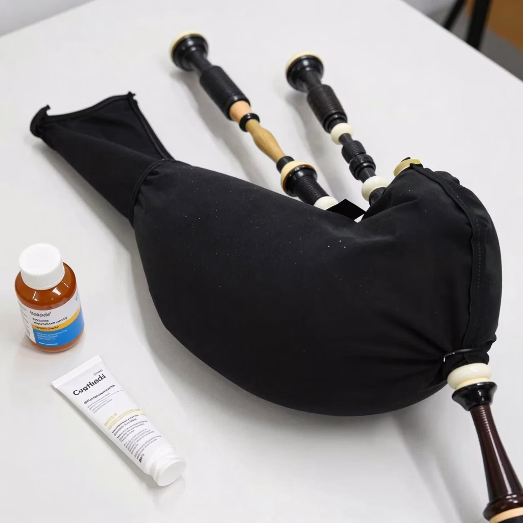 Scene d'entretien de cornemuse avec poche demontee et materiel de seasoning sur un etabli