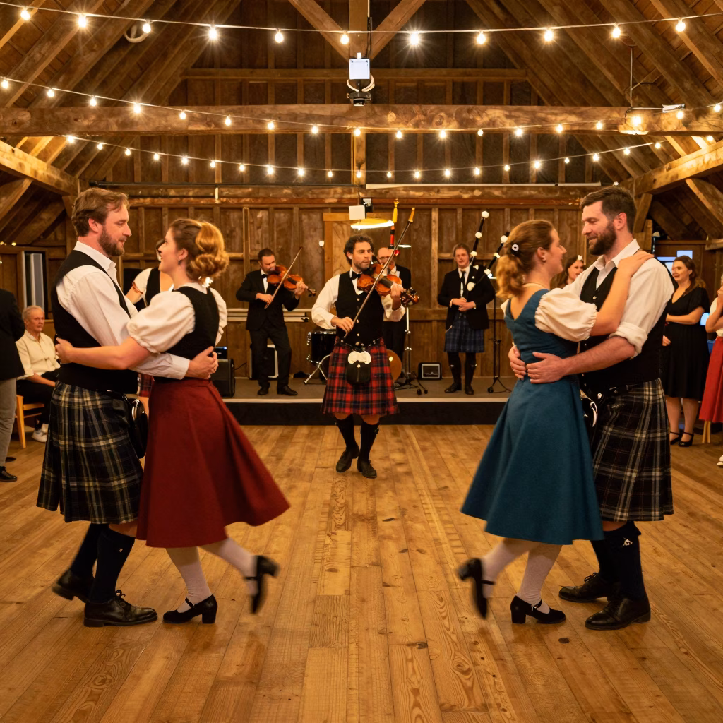 Ceilidh écossais traditionnel avec musiciens et danseurs