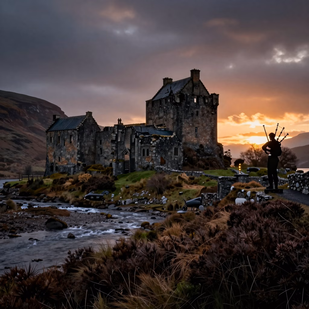 Chateau ecossais en ruines avec silhouette d'un cornemuseur au coucher du soleil dans les Highlands