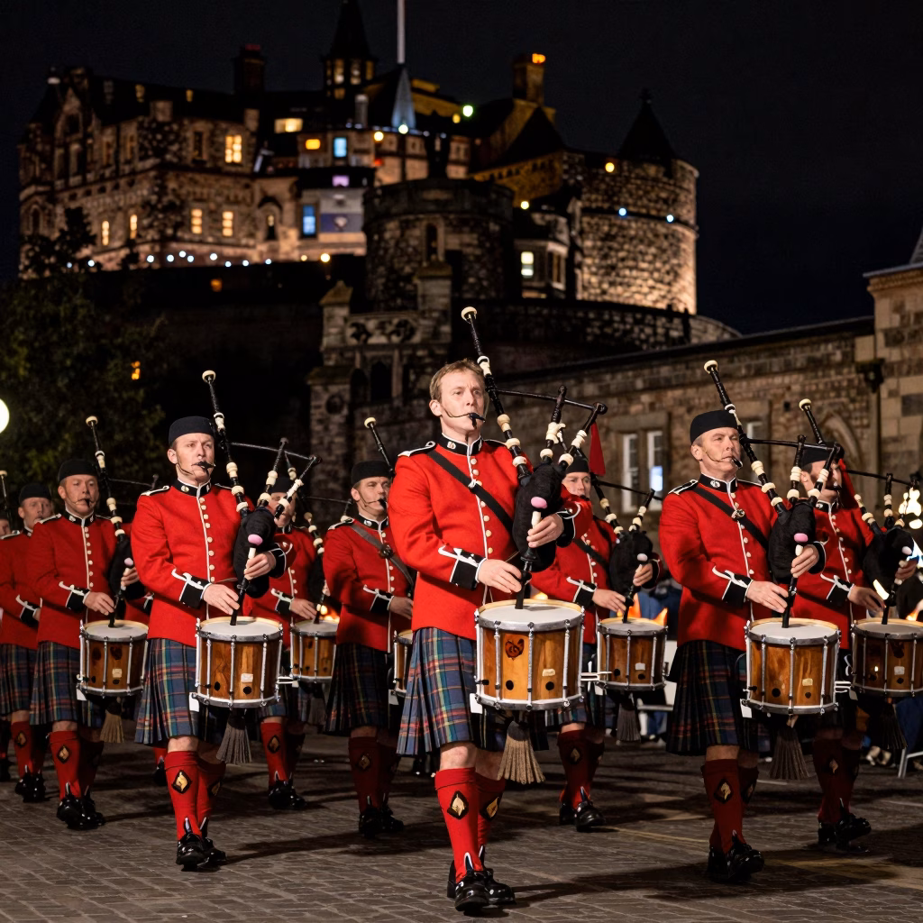 Pipe band ecossais en formation jouant cornemuses et tambours lors d'une ceremonie militaire