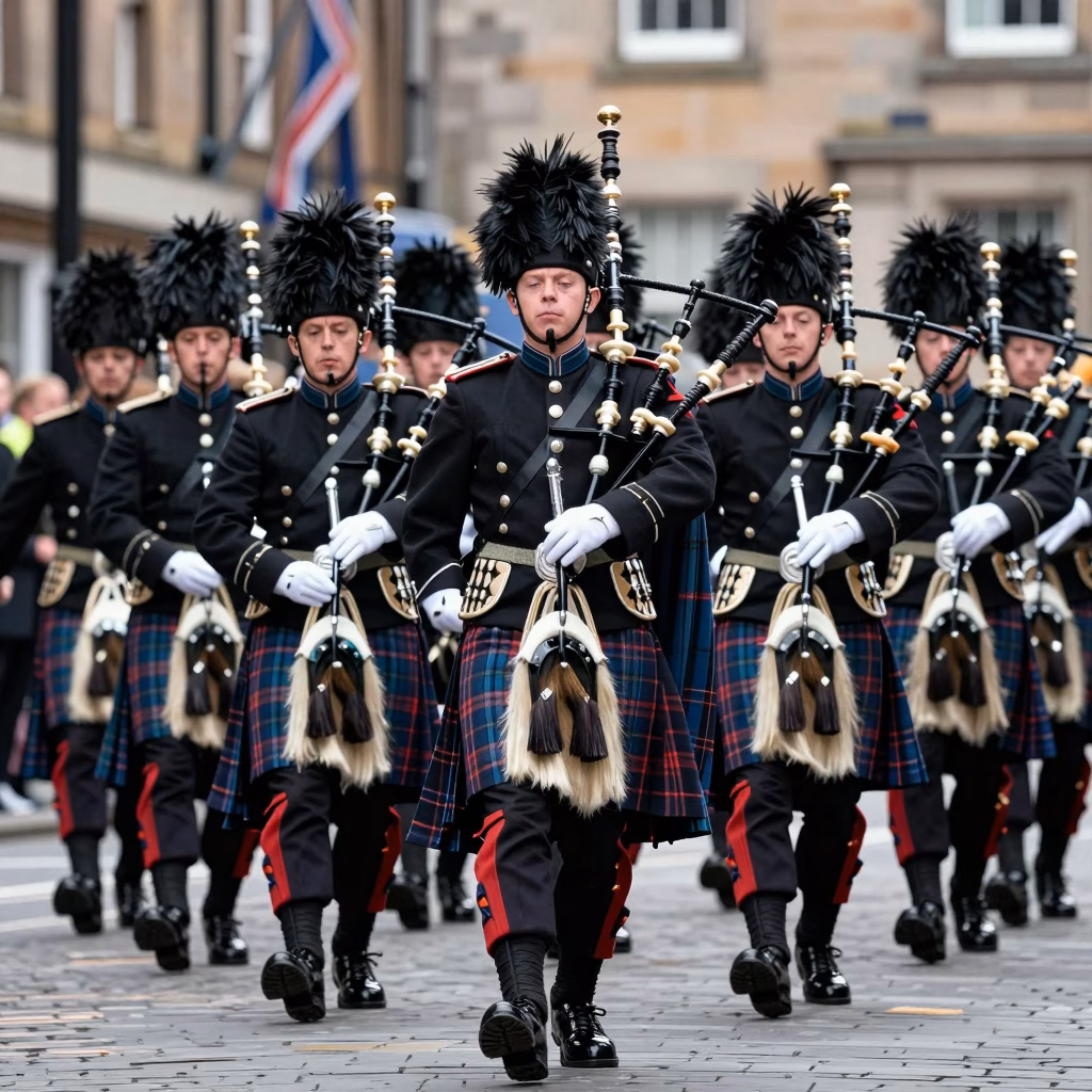 Pipe band ecossais en tenue ceremoniale complete defilant en formation sur le Royal Mile d'Edimbourg