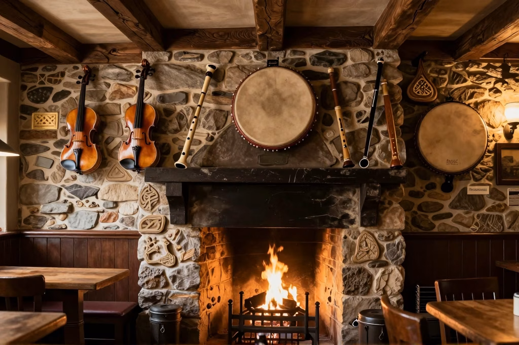 Interieur de pub irlandais traditionnel avec instruments celtiques et eclairage chaleureux
