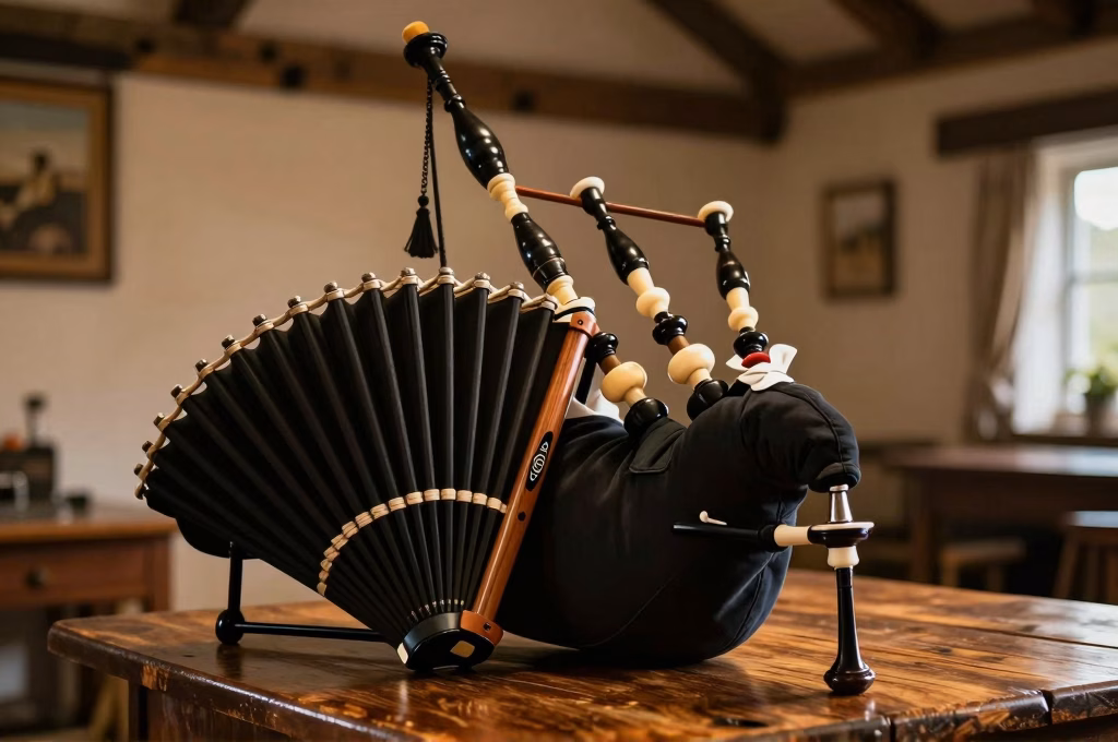 Uilleann pipes complet avec soufflet, chanter, regulators et drones sur table en bois