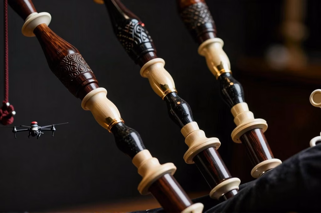Detail des regulators et drones des uilleann pipes avec touches en laiton et bois sombre