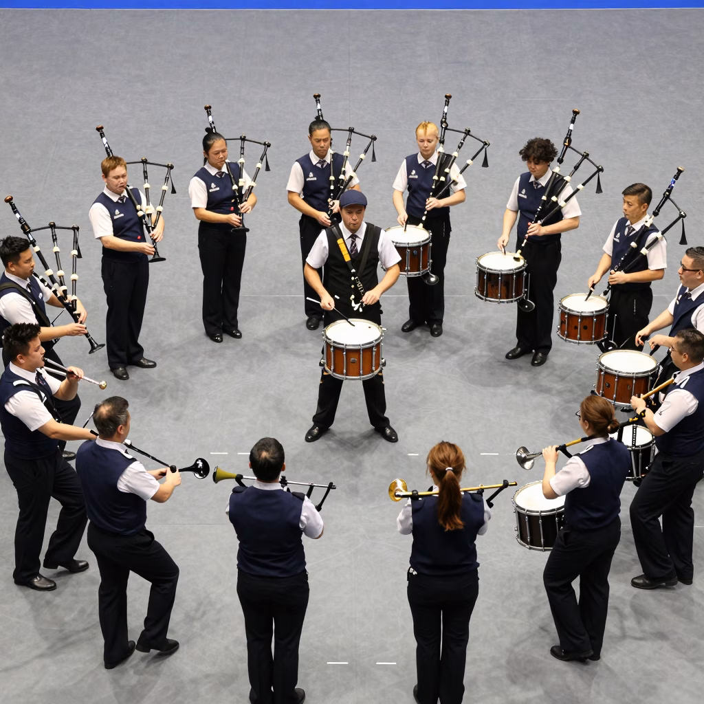 Pipe band de Grade 1 en formation circulaire lors du World Pipe Band Championships